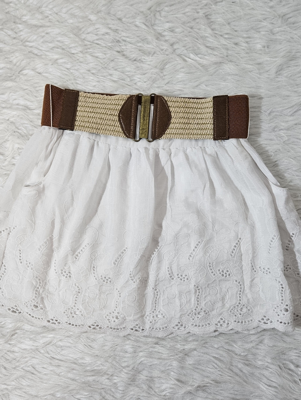White Eyelet Mini Skirt with Brown Woven Belt